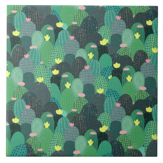 Summer Green Teal Cactus Gold dots Cute Design Ceramic Tile (Front)