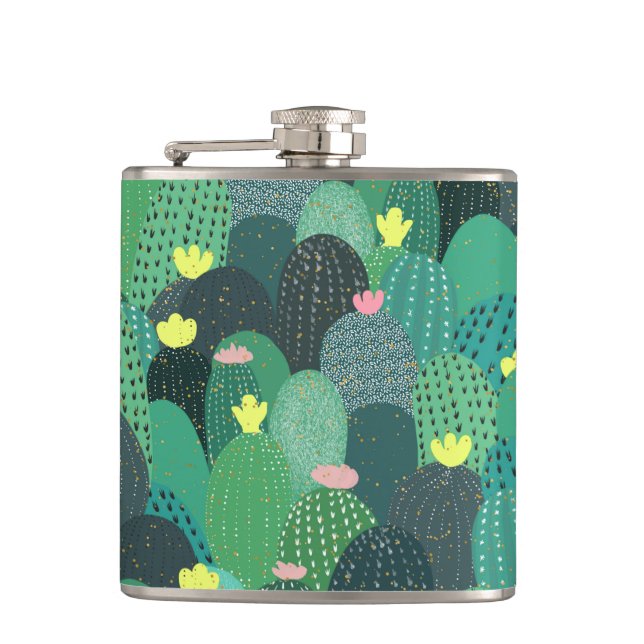 Summer Green Teal Cactus Gold dots Cute Design Hip Flask (Front)