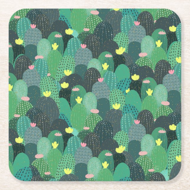 Summer Green Teal Cactus Gold dots Cute Design Square Paper Coaster (Front)