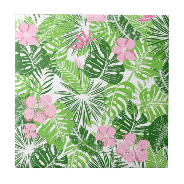 Summer Green Tropical Leaves Pink Floral Pattern Ceramic Tile (Front)