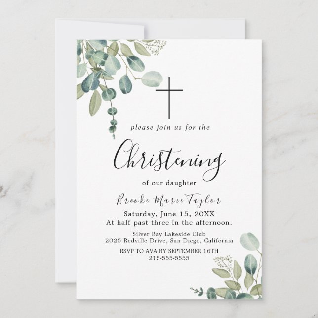 Summer Greenery Christening Invitation (Front)