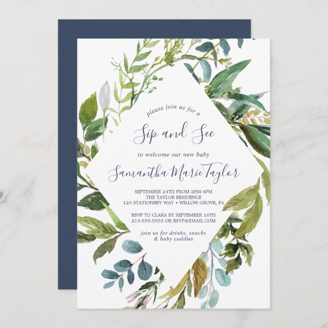 Summer Greenery Diamond Wreath Sip and See Invitation (Front/Back)