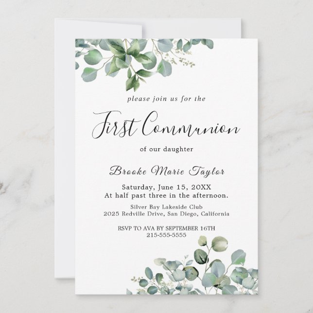 Summer Greenery First Communion Invitation (Front)