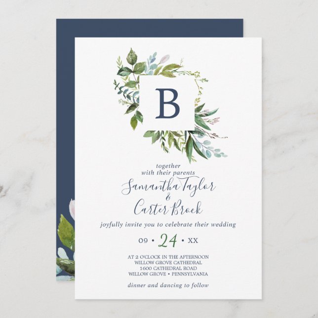 Summer Greenery Monogram Wedding Invitation (Front/Back)
