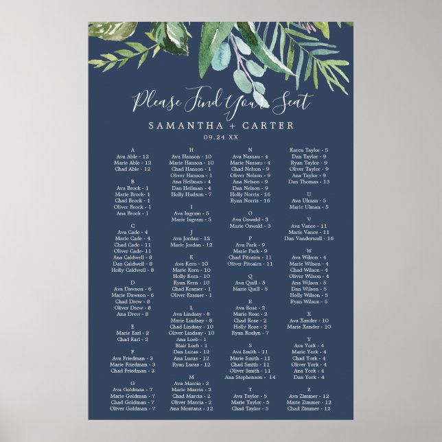 Summer Greenery | Navy Alphabetical Seating Chart (Front)