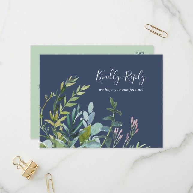 Summer Greenery | Navy Menu Choice RSVP Postcard (Front/Back In Situ)