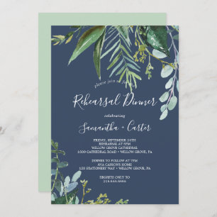 Summer Greenery Navy Rehearsal Dinner Invitation