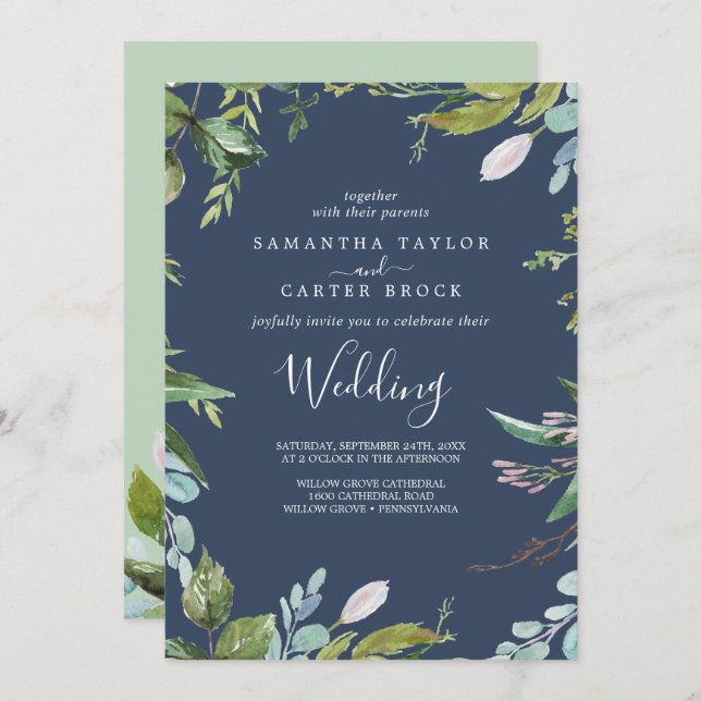 Summer Greenery | Navy Wedding Invitation (Front/Back)