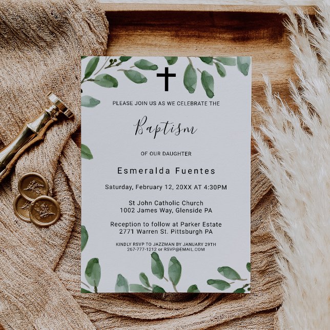 Summer Greenery Tropical Eucalyptus Cross Baptism Invitation (Creator Uploaded)
