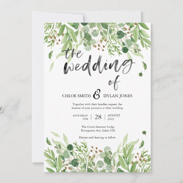Summer Greenery Watercolour Wedding invitation (Front)