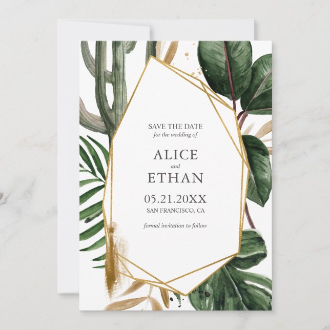 Summer Greenery with Gold Geometric Save The Date (Front)