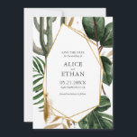 Summer Greenery with Gold Geometric Save The Date<br><div class="desc">Save The Date invitation features tropical greenery with trendy gold geometric centerpiece. Perfect look for summer and modern eco weddings.</div>