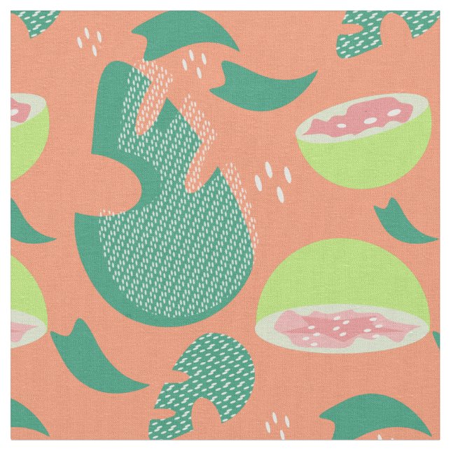 Summer Guava Greenery Pattern Orange Pink Green Fabric (Close Up)