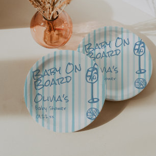 Summer Hand Drawn Blue Baby On Board Baby Shower Paper Plate