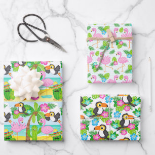 Summer Hawaiian Tropical Toucans and Flamingo Wrapping Paper Sheet
