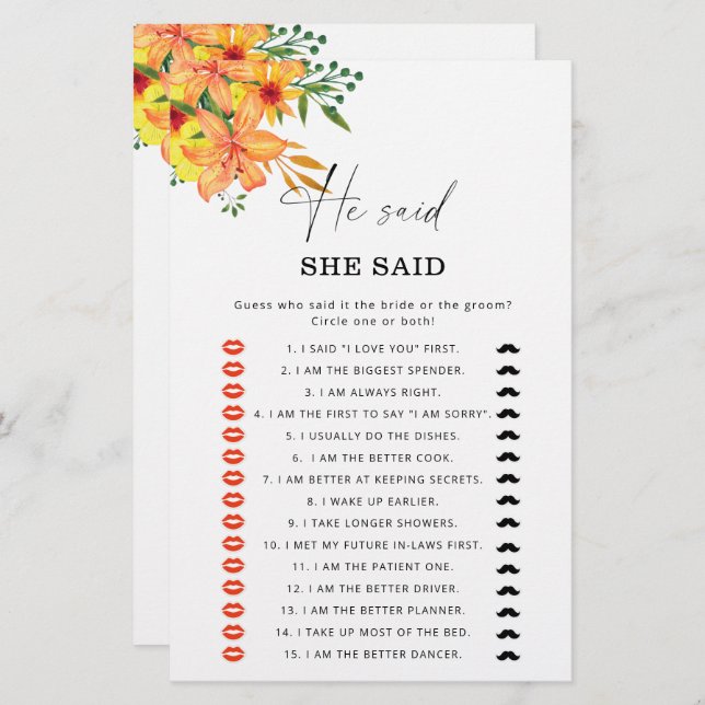 Summer He said she said bridal shower game (Front/Back)