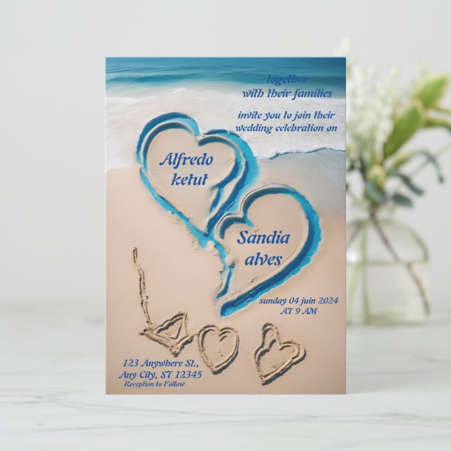 summer hearts beach ocean blue wedding  invitation (Standing Front)
