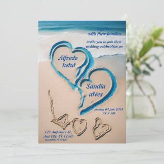 summer hearts beach ocean blue wedding invitation