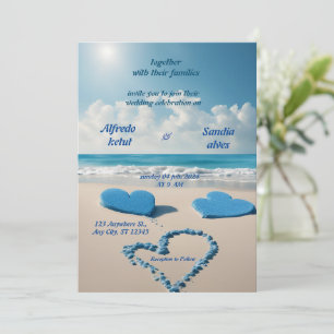 summer hearts beach ocean blue wedding  invitation