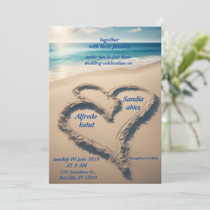 summer hearts beach ocean blue wedding  invitation