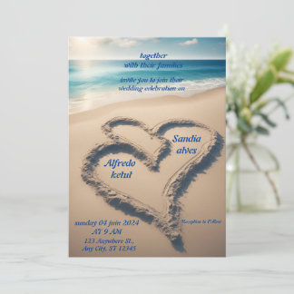 summer hearts beach ocean blue wedding invitation