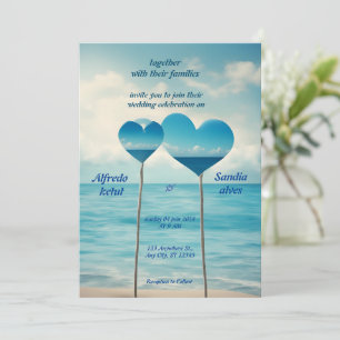 summer hearts beach ocean blue wedding  invitation