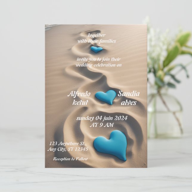summer hearts beach ocean blue wedding  invitation (Standing Front)