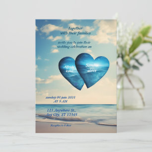 summer hearts beach ocean blue wedding invitation