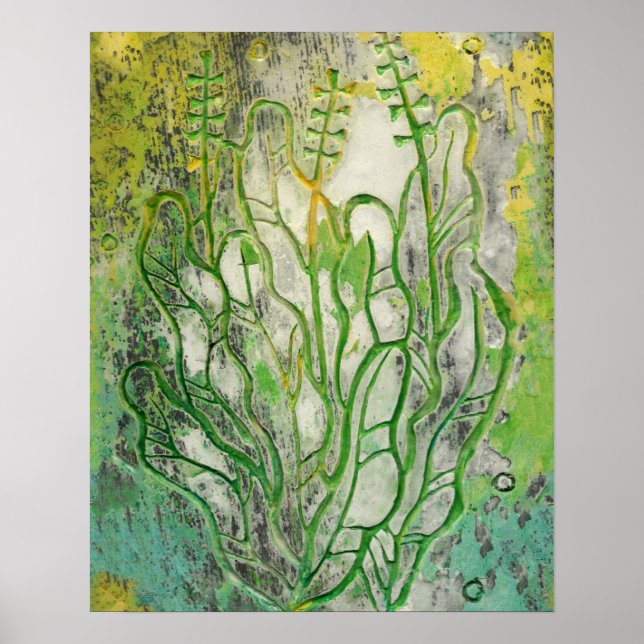 Summer herbs, wild flowers floral art green yellow poster (Front)