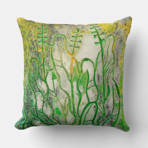 Summer herbs, wildflowers, floral art green yellow cushion