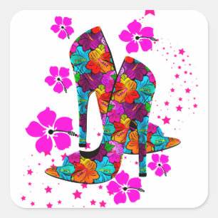 Summer High Heel Shoes Hot Pink Flowers Square Sticker