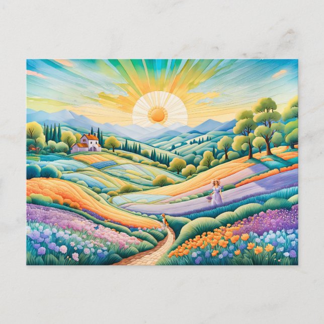 Summer Hillside with Lavender and Flower Fields Postcard (Front)