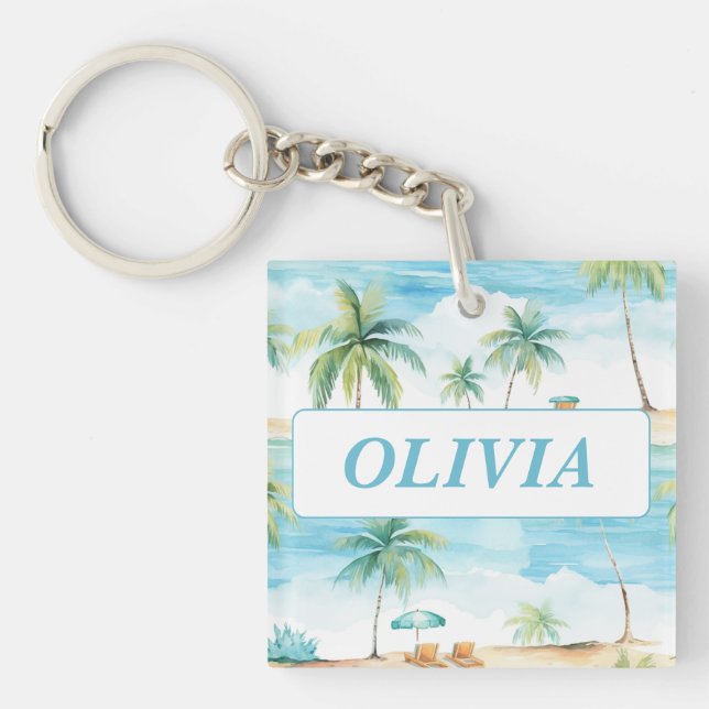 Summer Holidays Beach Palm Trees - Customised Key Ring (Front)