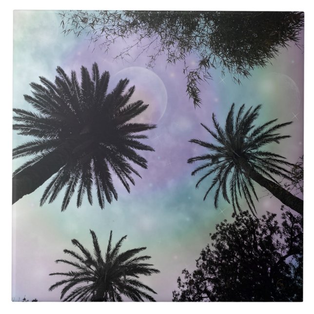 Summer Holographic Gradient Palm Trees Design Ceramic Tile (Front)