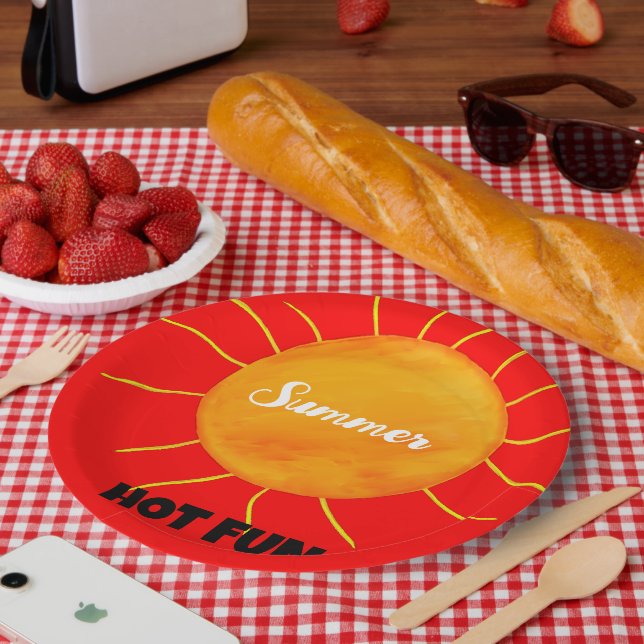 Summer Hot Fun Yellow Orange Sun  Paper Plate (Picnic)