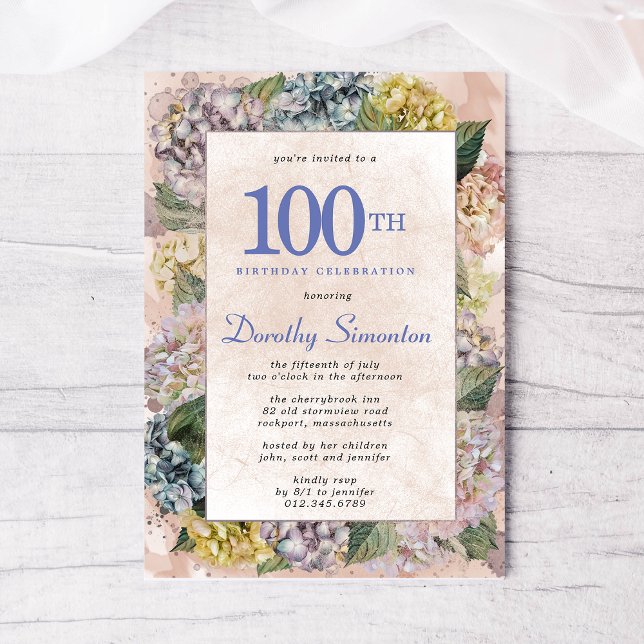 Summer Hydrangea 100th Birthday Party Invitation (Creator Uploaded)
