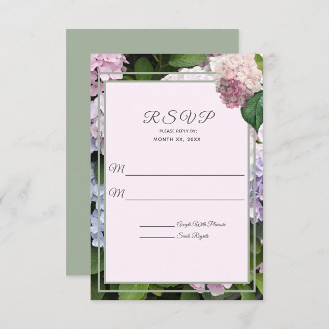 Summer Hydrangea Blossoms, Pink, Green, Wedding RSVP Card (Front/Back)