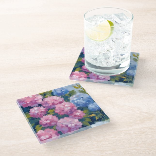 Summer Hydrangeas | Pink & Blue Coastal Flowers Glass Coaster (Angled)