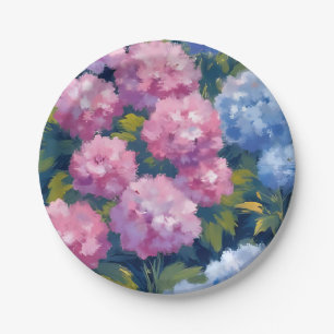Summer Hydrangeas   Pink & Blue Coastal Flowers Paper Plate