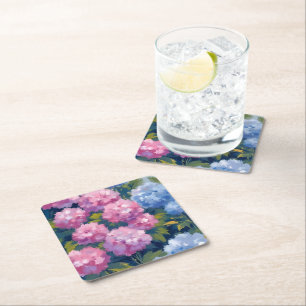 Summer Hydrangeas Pink & Blue Coastal Flowers Square Paper Coaster