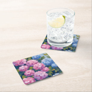 Summer Hydrangeas Pink & Blue Coastal Flowers Square Paper Coaster