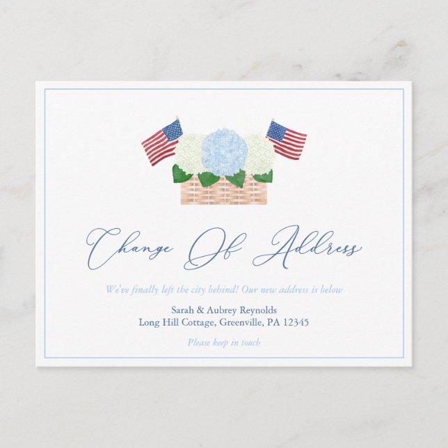 Summer Hydrangeas USA Flags Change Of Address Announcement Postcard (Front)