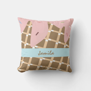 Summer Ice Cream Dripping Cone Sprinkles Pink Name Cushion