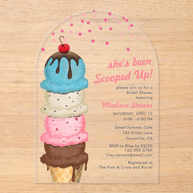 Summer Ice Cream Modern Watercolor Bridal Shower Acrylic Invitations (Front)