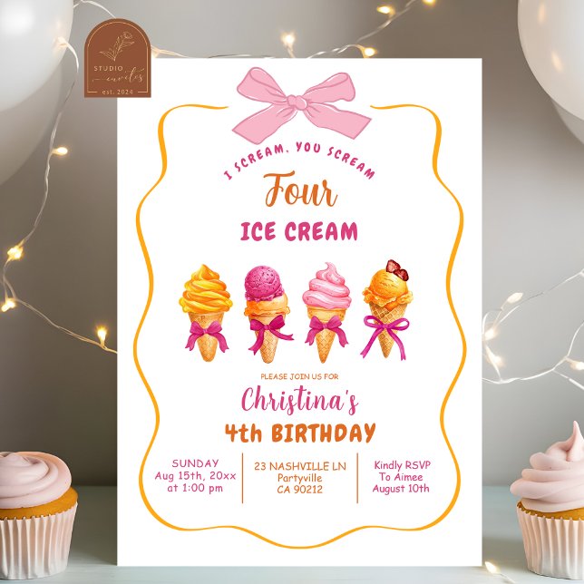 Summer Ice Cream Scream 4 Ice Cream 4th Birthday Invitation (Creator Uploaded)