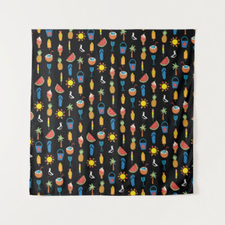 Summer icons seamless vintage pattern black. Repea Tapestry