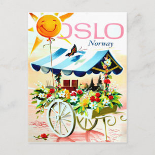 Summer in Oslo, Norway. Flower cart and happy sun Postcard