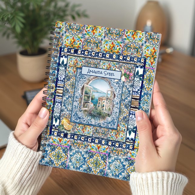 Summer Italian Blue Floral Tile Citrus Monogram Notebook (Creator Uploaded)