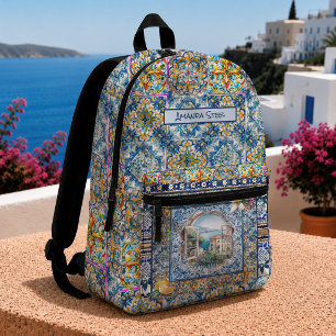 Summer Italian Blue Floral Tile Citrus Monogram Printed Backpack