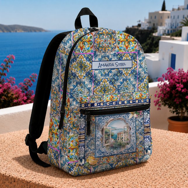 Summer Italian Blue Floral Tile Citrus Monogram Printed Backpack (Creator Uploaded)